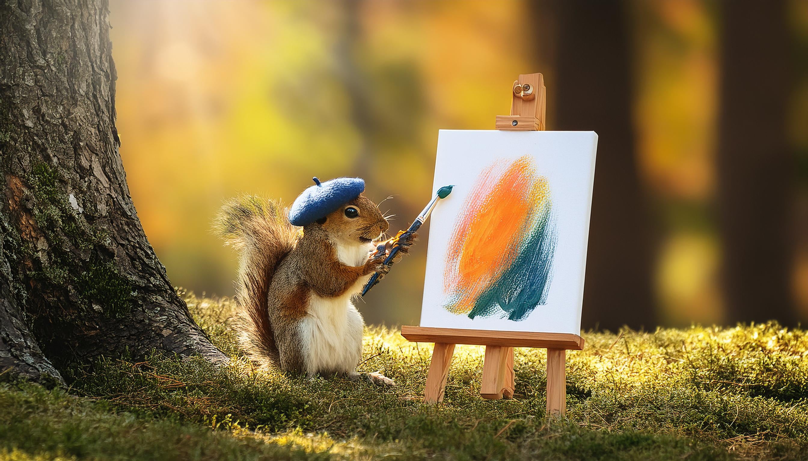 A squirrel wearing a beret and painting on a small easel