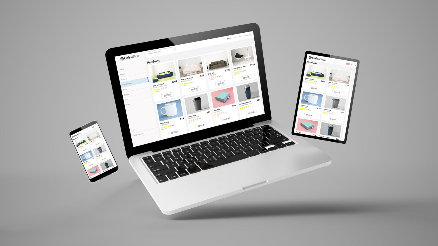 A phone, tablet and laptop showing an e-commerce website with products