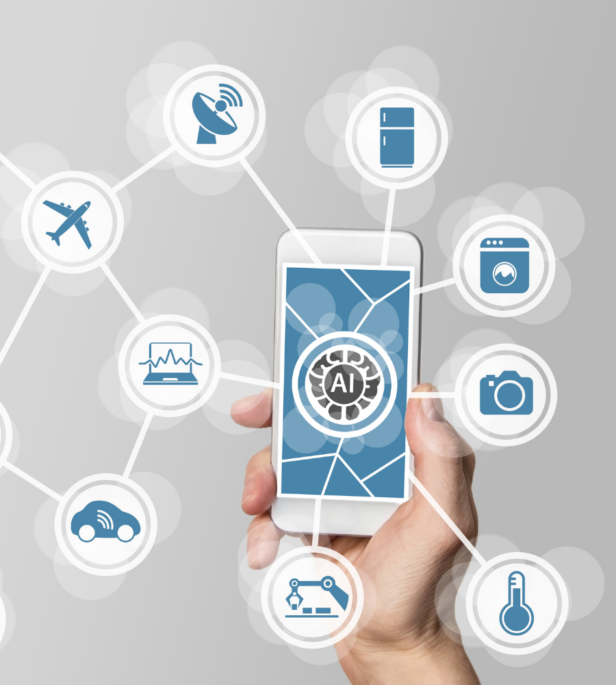 Hand holding a smartphone with AI icon surrounded by various icons on a gray background