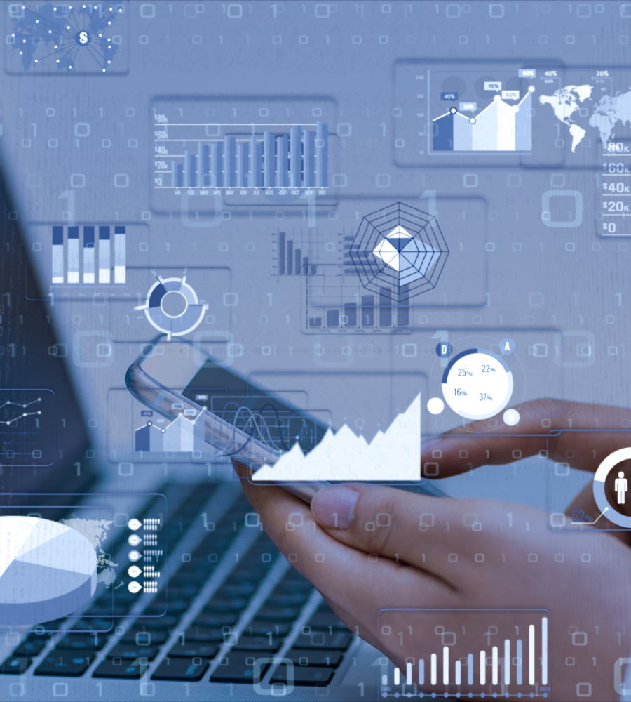 Person holding a smartphone with digital graphics and charts overlayed