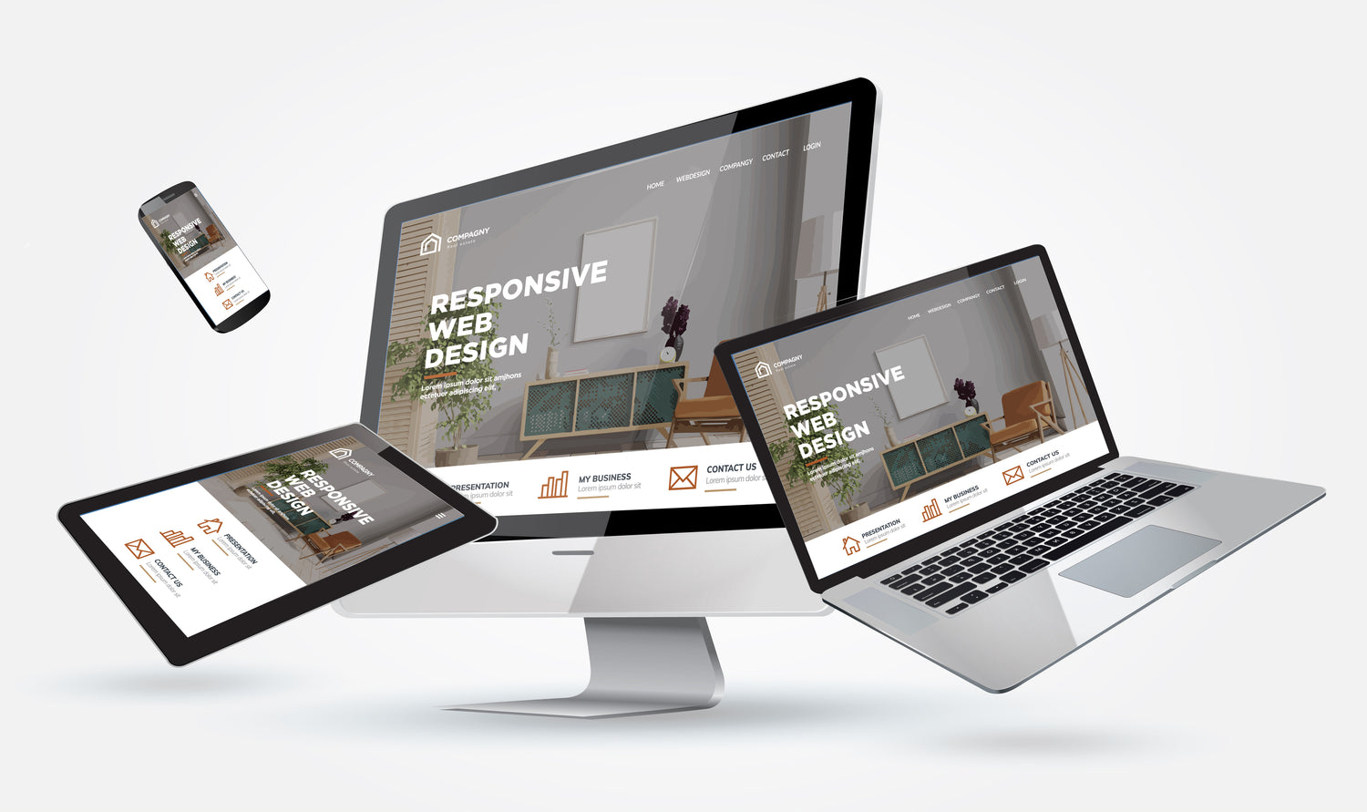 A phone, tablet, laptop and desktop grouped together showing the same website on different screen sizes representing Responsive Web Design