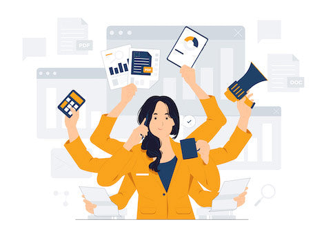 Graphic of a woman multitasking with extra arms and hands