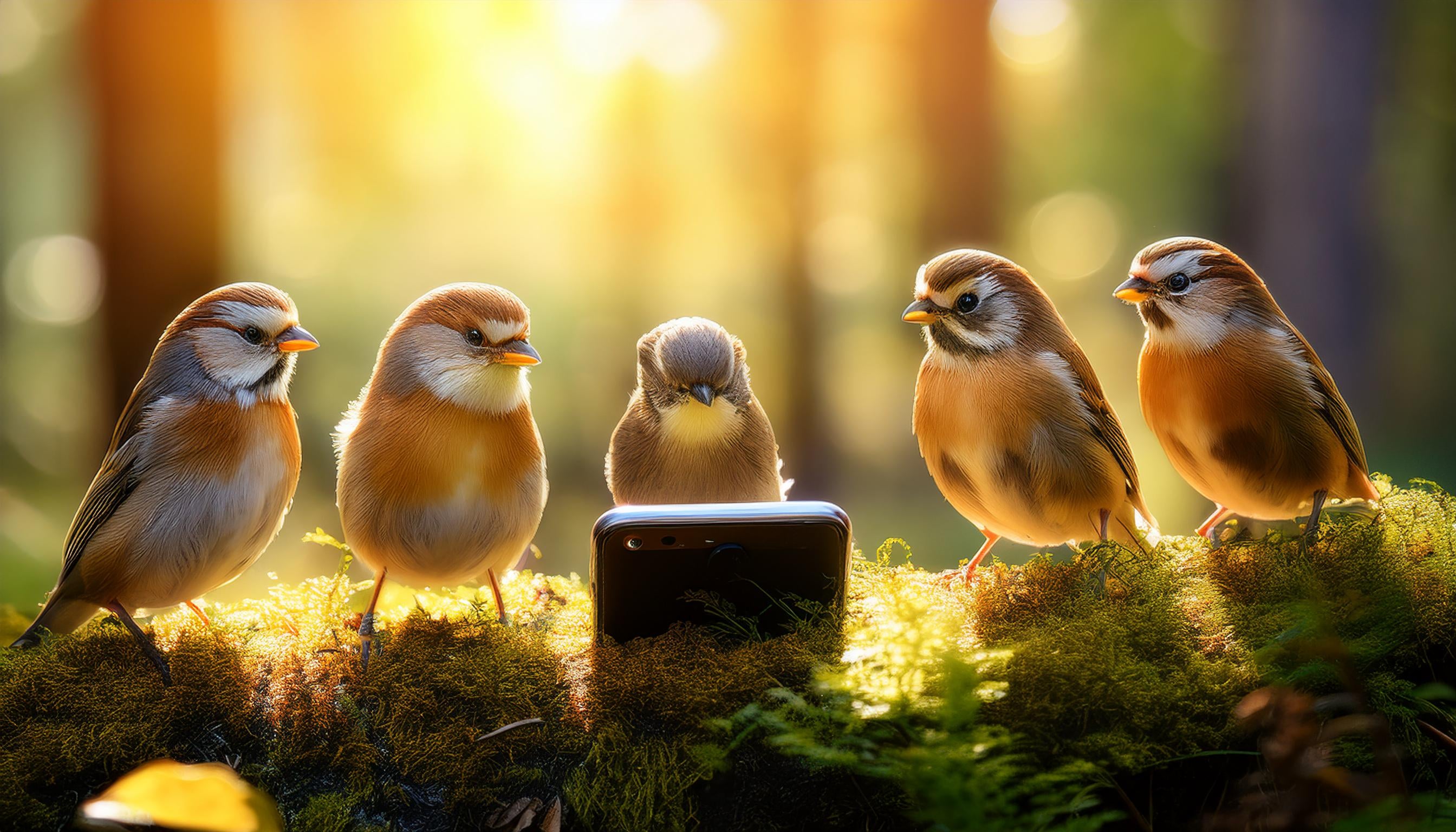 5 birds standing on a mossy branch looking at a smart phone