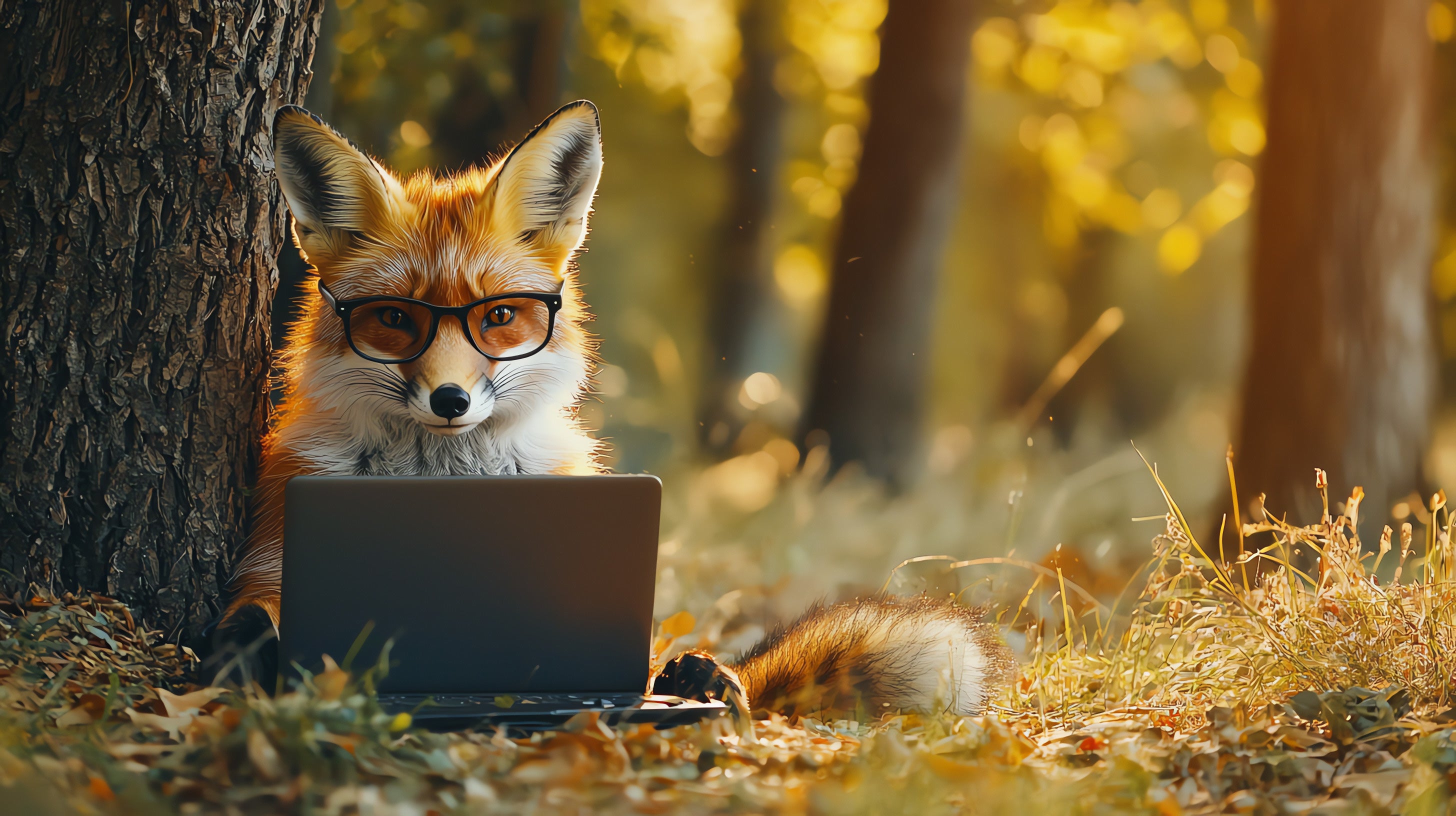 A smart fox wearing glasses while working on a laptop in the forest