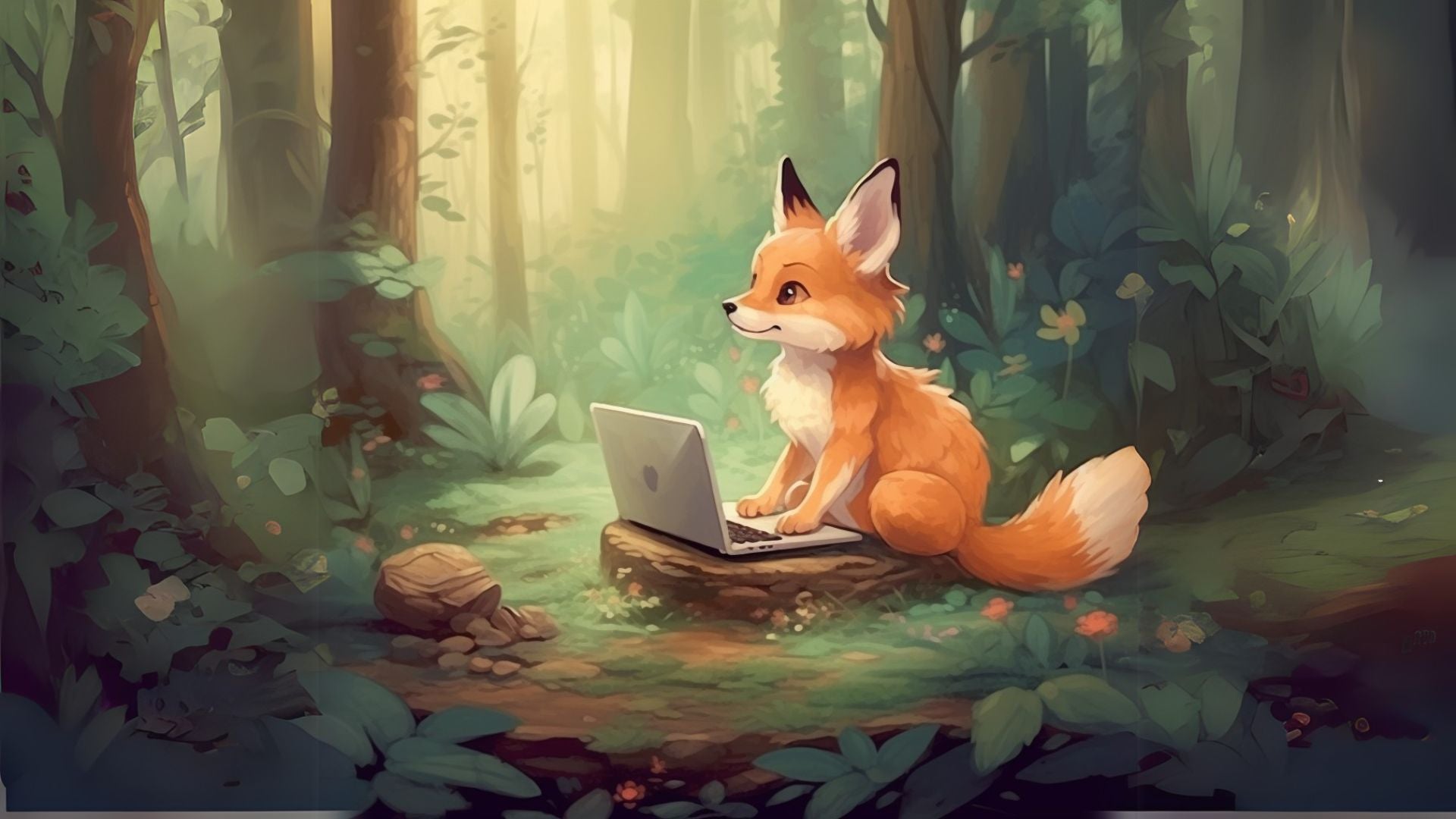 A fox working on a laptop in the forest